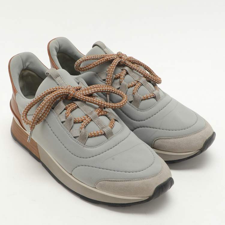 Pre Owned Hermes Grey Leather and Neoprene Miles Lace Up Sneakers Size 38