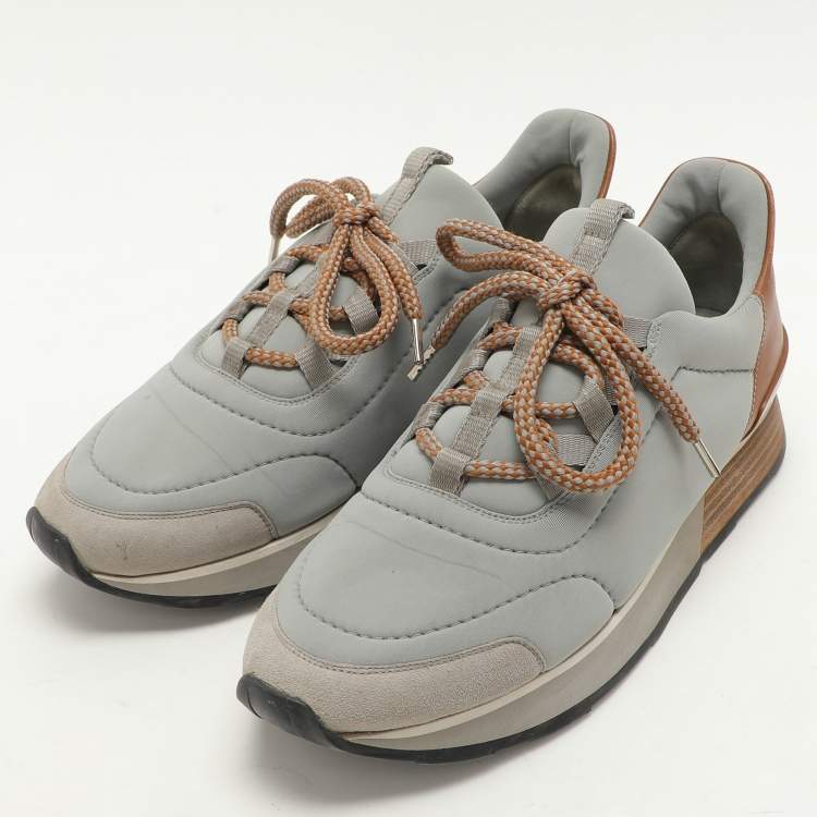 Pre Owned Hermes Grey Leather and Neoprene Miles Lace Up Sneakers Size 38