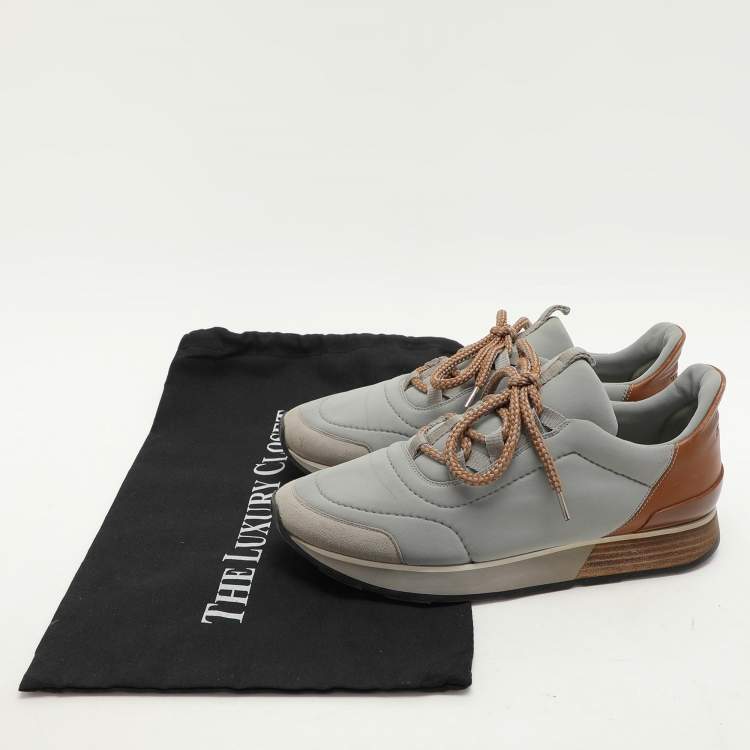 Pre Owned Hermes Grey Leather and Neoprene Miles Lace Up Sneakers Size 38