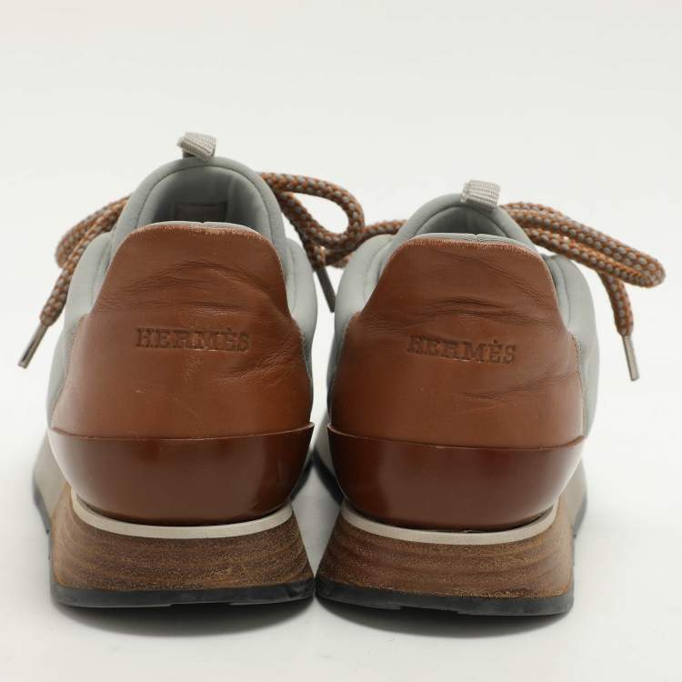 Pre Owned Hermes Grey Leather and Neoprene Miles Lace Up Sneakers Size 38