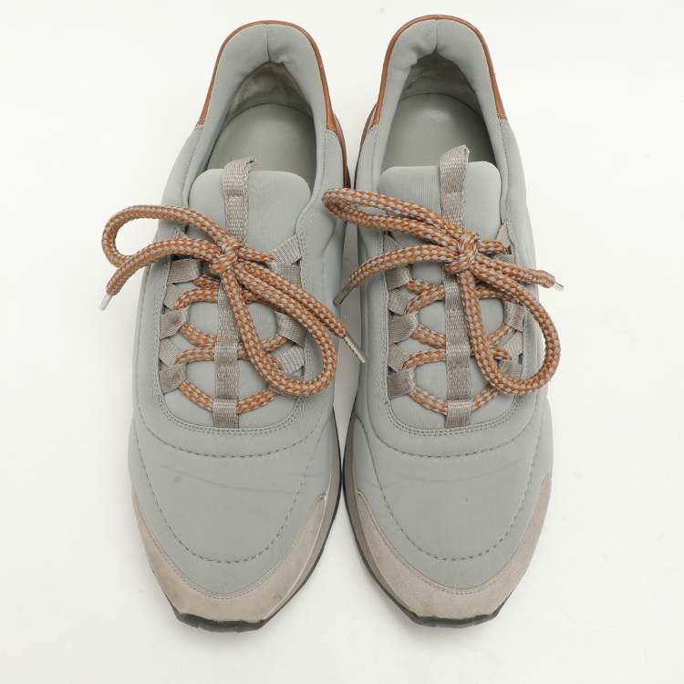 Pre Owned Hermes Grey Leather and Neoprene Miles Lace Up Sneakers Size 38