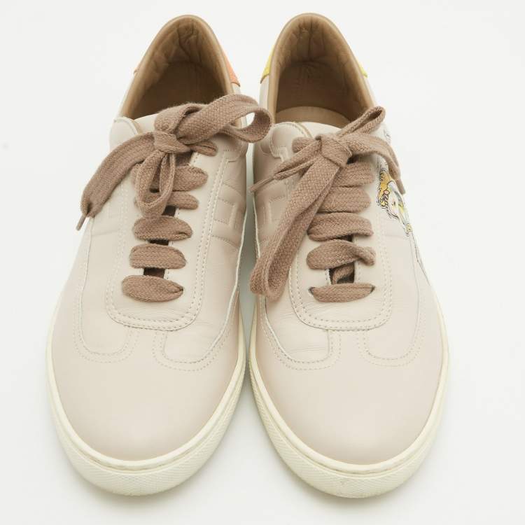Pre Owned Hermes Beige Leather Quicker Lace Up Sneakers Size 37