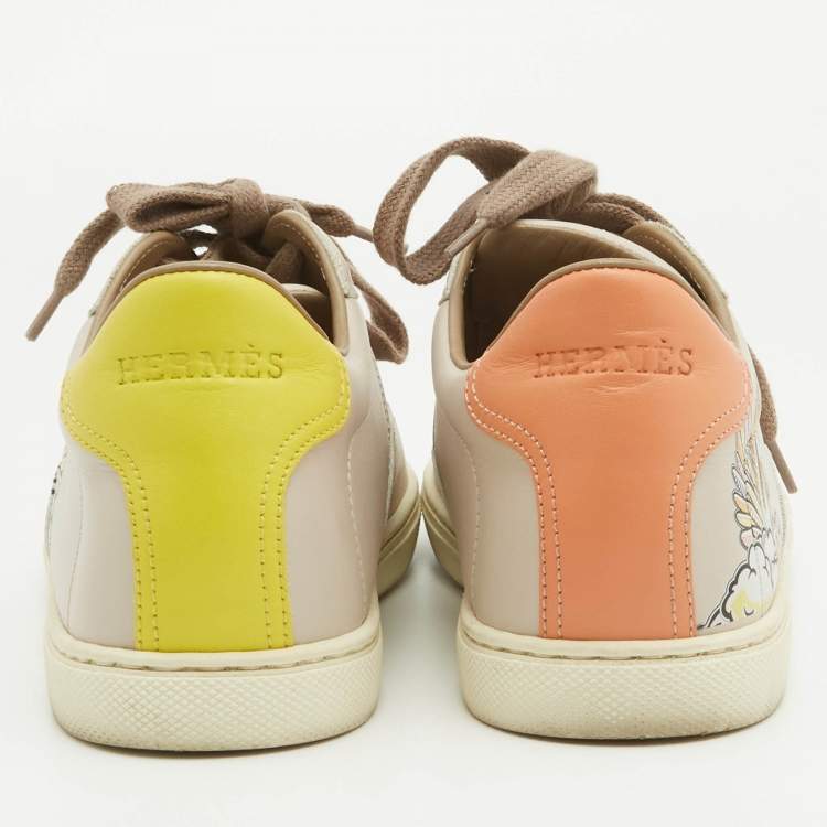 Pre Owned Hermes Beige Leather Quicker Lace Up Sneakers Size 37