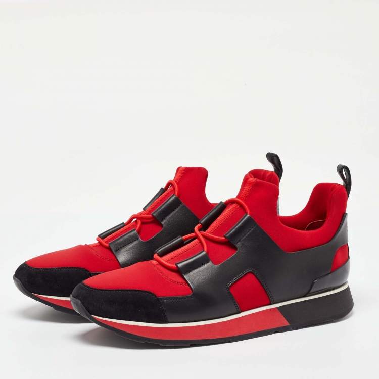 Pre Owned Hermes Red/Black Leather and Fabric Player Slip On Sneakers Size 39.5