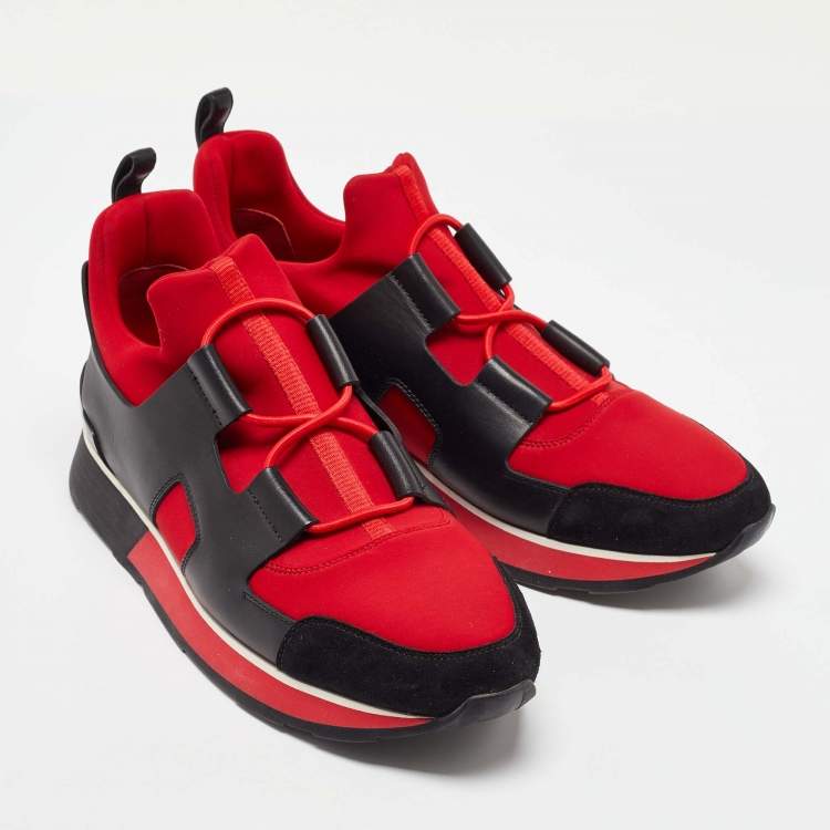 Pre Owned Hermes Red/Black Leather and Fabric Player Slip On Sneakers Size 39.5