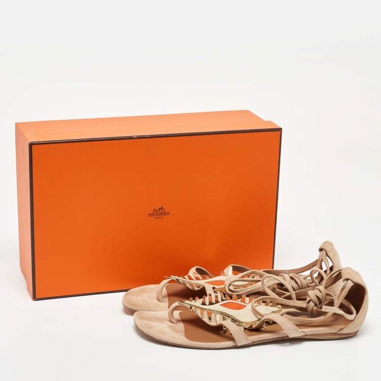 Pre Owned Hermes Beige Suede Coquillage Caged Flat Sandals Size 37.5