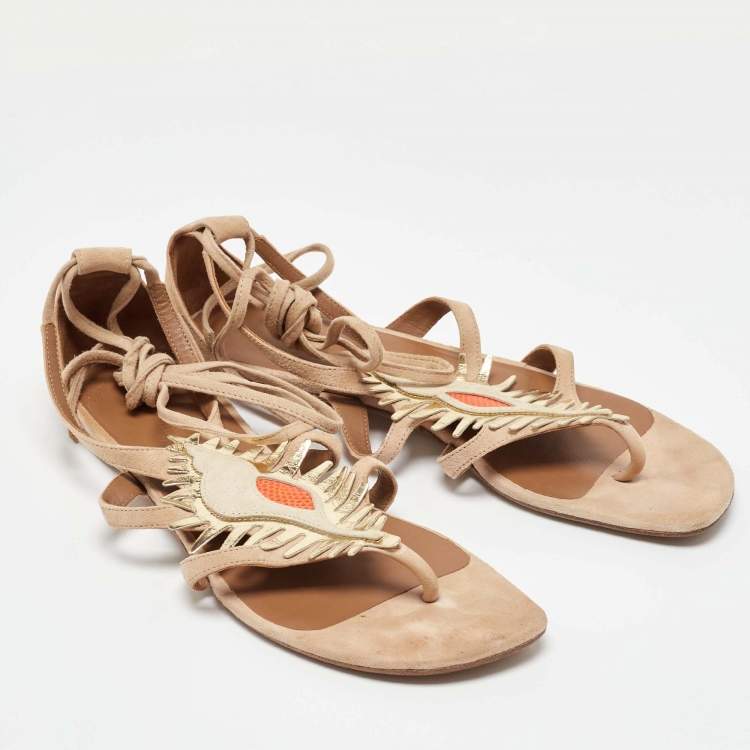 Pre Owned Hermes Beige Suede Coquillage Caged Flat Sandals Size 37.5
