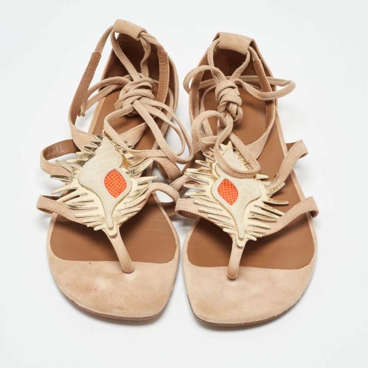 Pre Owned Hermes Beige Suede Coquillage Caged Flat Sandals Size 37.5