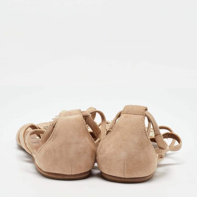 Pre Owned Hermes Beige Suede Coquillage Caged Flat Sandals Size 37.5
