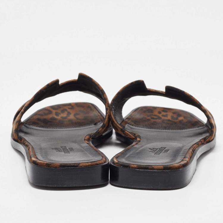 Pre Owned Hermes Brown Suede Leopard Print Oran Flat Sandals Size 38