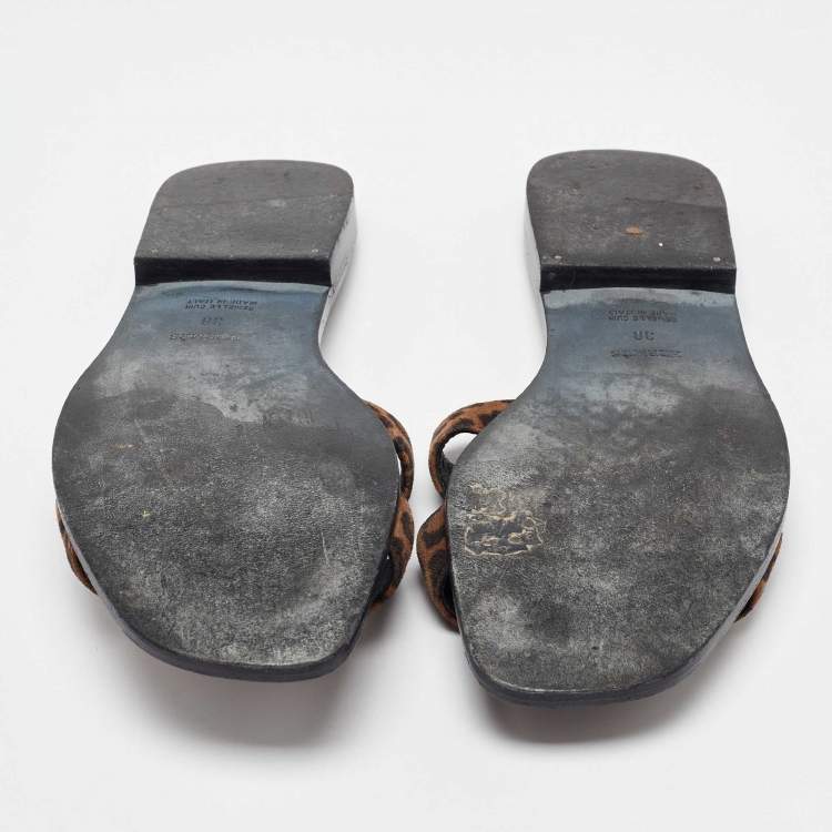 Pre Owned Hermes Brown Suede Leopard Print Oran Flat Sandals Size 38