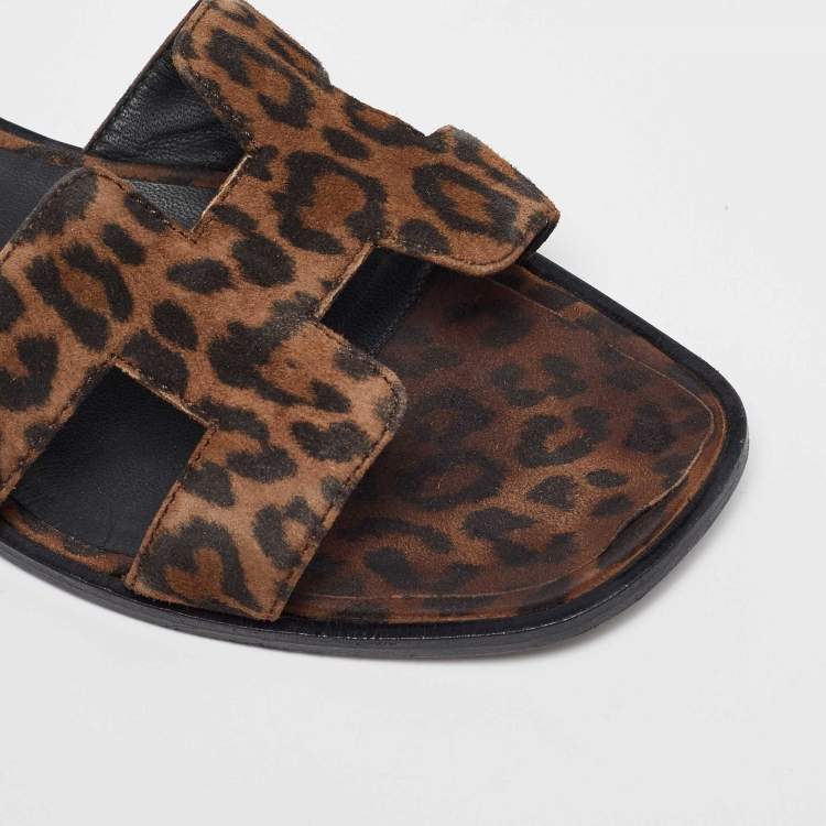 Pre Owned Hermes Brown Suede Leopard Print Oran Flat Sandals Size 38
