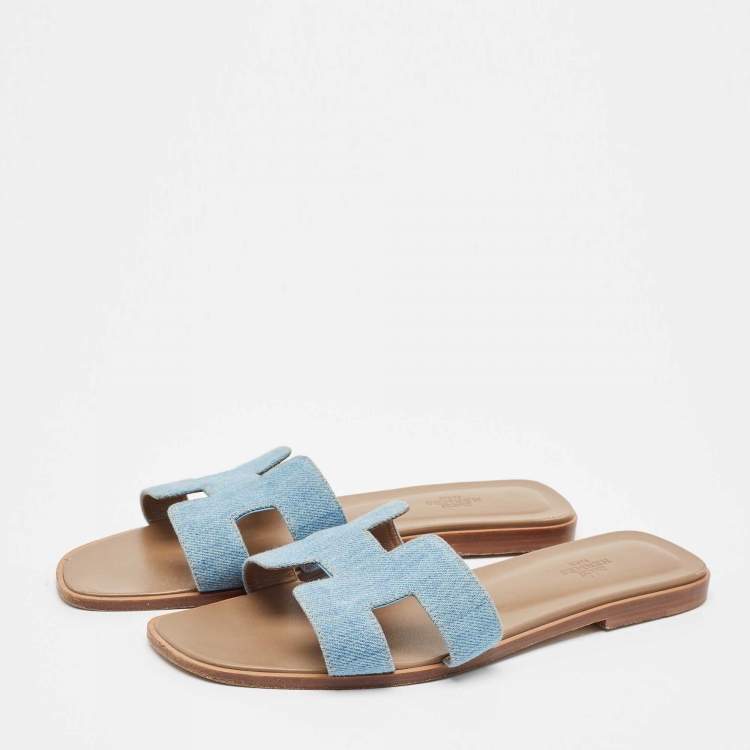 Pre Owned Hermes Blue Denim Oran Flat Slides Size 40.5