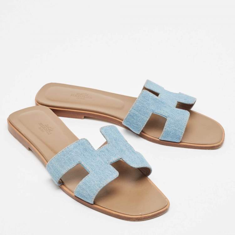 Pre Owned Hermes Blue Denim Oran Flat Slides Size 40.5