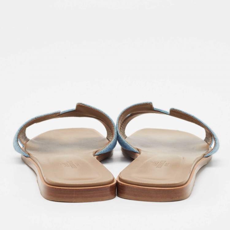 Pre Owned Hermes Blue Denim Oran Flat Slides Size 40.5