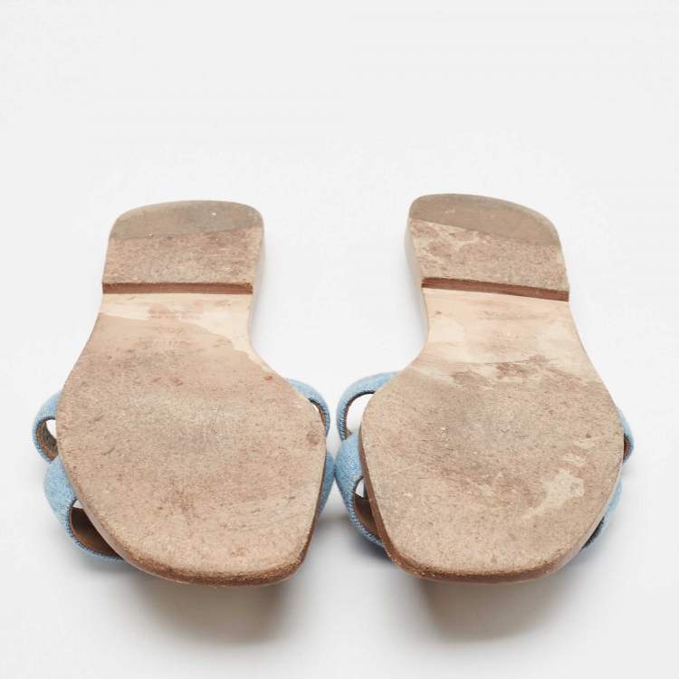 Pre Owned Hermes Blue Denim Oran Flat Slides Size 40.5
