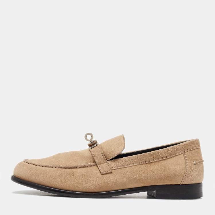 Pre Owned Hermes Beige Suede Destin Slip on Loafers Size 38