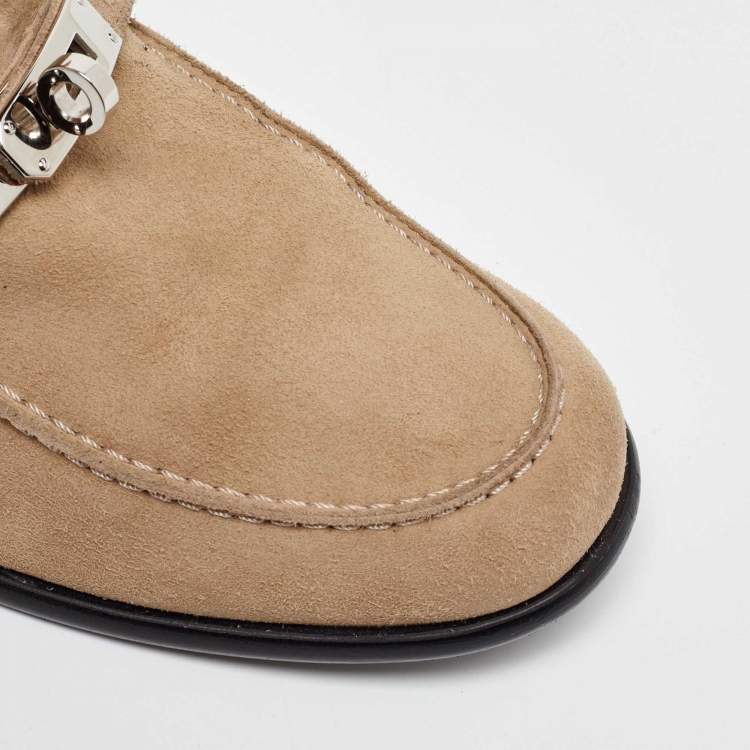 Pre Owned Hermes Beige Suede Destin Slip on Loafers Size 38