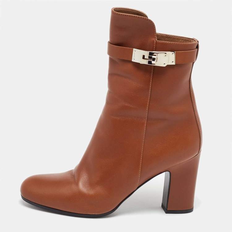 Hermes Brown Leather Joueuse Block Heel Ankle Length Boots Size 37