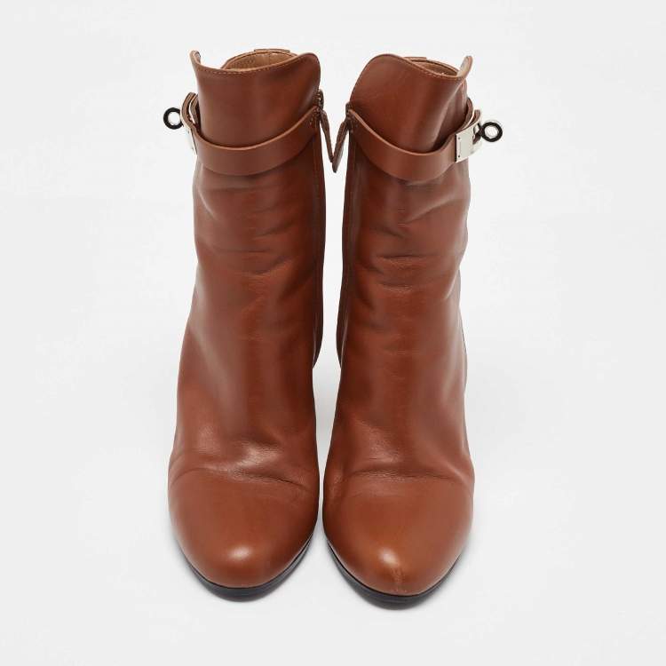 مملوكة مسبقًا Hermes Brown Leather Joueuse Block Heel Ankle Length Boots Size 37
