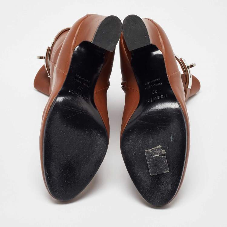مملوكة مسبقًا Hermes Brown Leather Joueuse Block Heel Ankle Length Boots Size 37