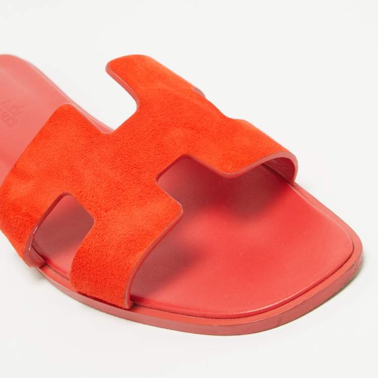Pre Owned Hermes Orange Suede Oran Flat Sandals Size 40