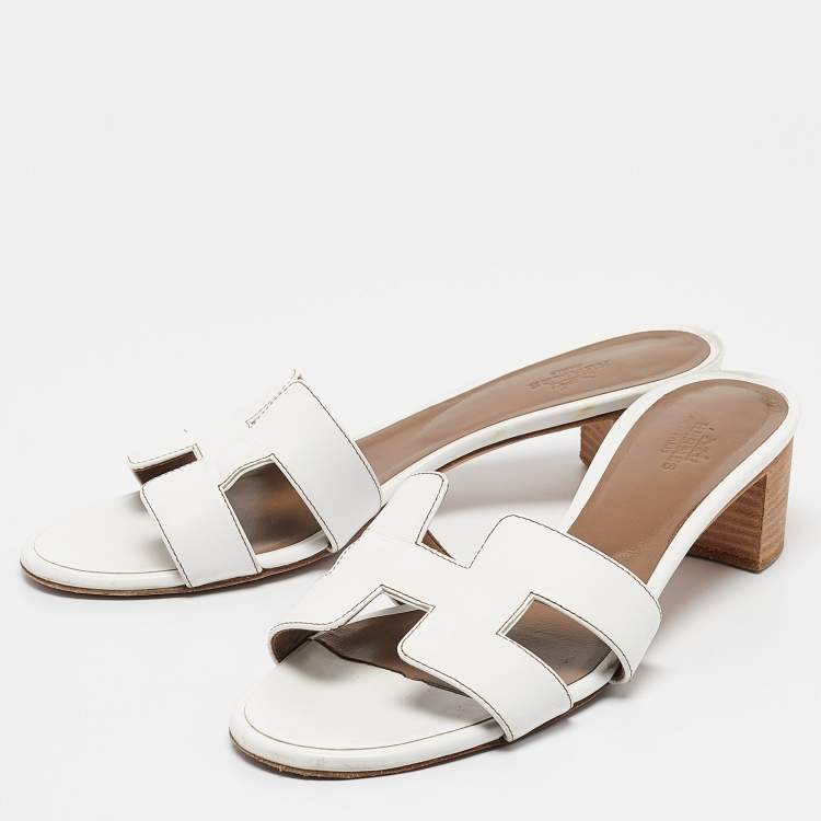 Pre Owned Hermes White Leather Oasis Slide Sandals Size 40