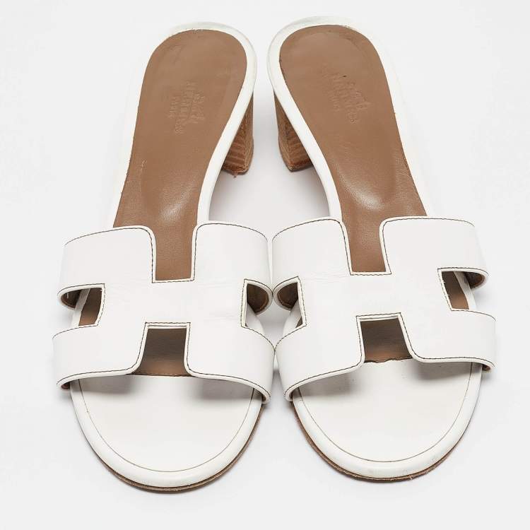 Pre Owned Hermes White Leather Oasis Slide Sandals Size 40