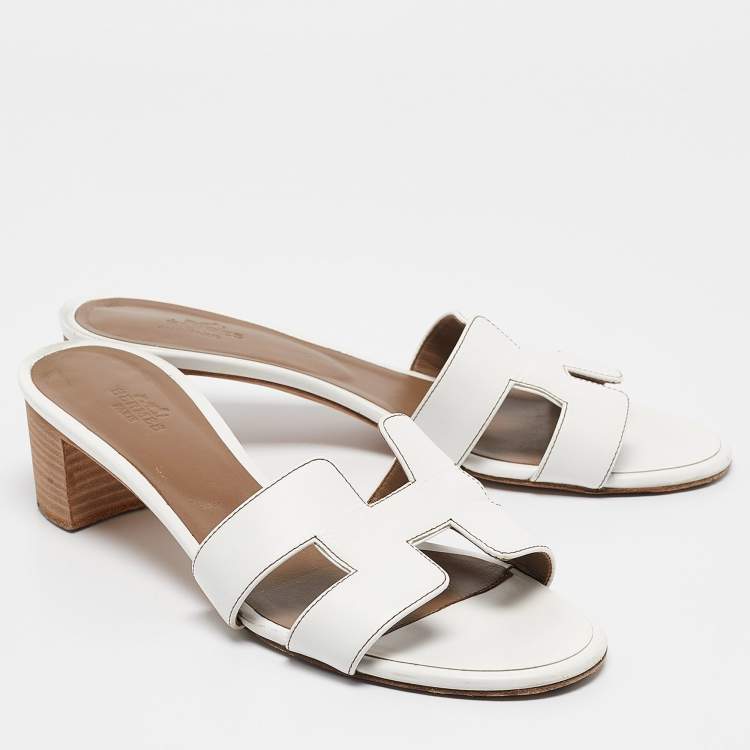 Pre Owned Hermes White Leather Oasis Slide Sandals Size 40