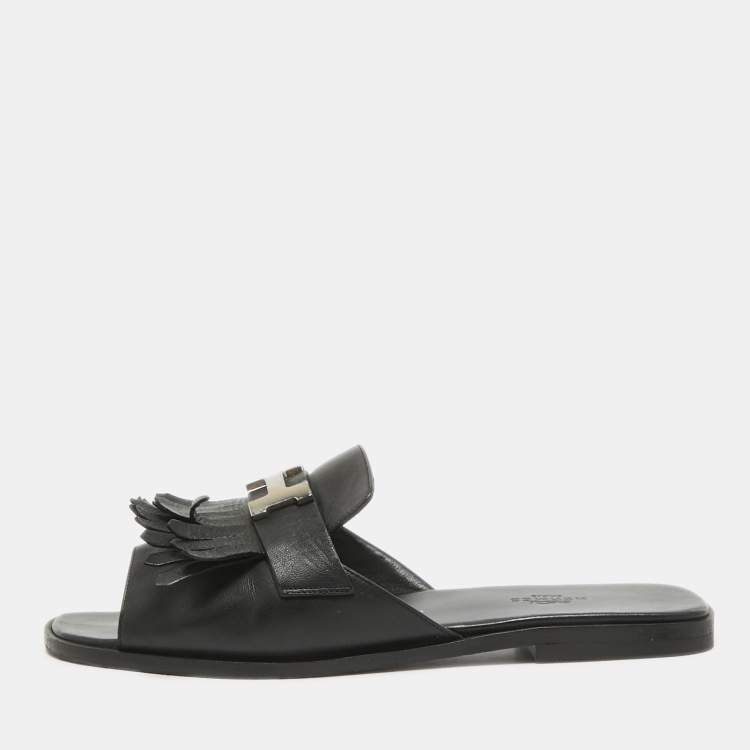 Hermes Black Leather Auteuil Flat Slide Sandals Size 40