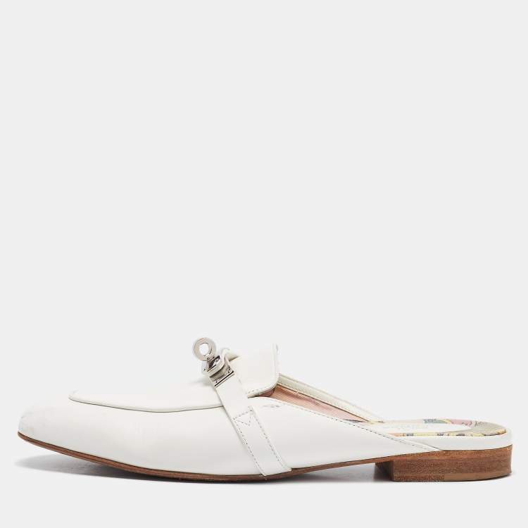 Hermes White Leather Oz Flat Mules Size 37