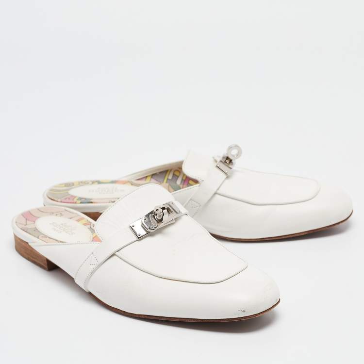 Pre Owned Hermes White Leather Oz Flat Mules Size 37
