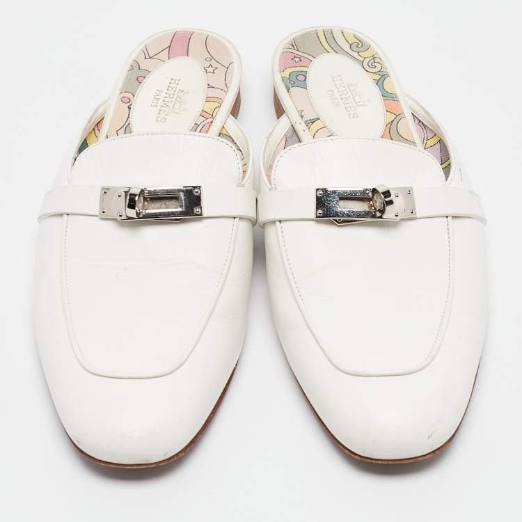Pre Owned Hermes White Leather Oz Flat Mules Size 37