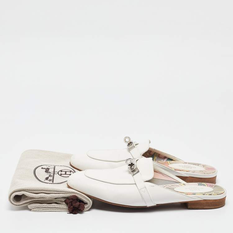 Pre Owned Hermes White Leather Oz Flat Mules Size 37