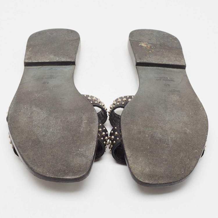 Pre Owned Hermes Black Leather Studded Oran Flat Sandals Size 40