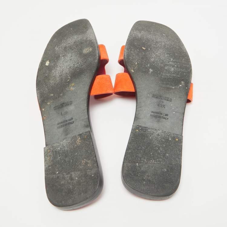 Pre Owned Hermes Orange Suede Oran Flat Slides Size 41.5