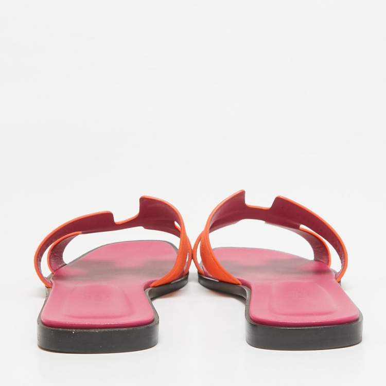 Pre Owned Hermes Orange Suede Oran Flat Slides Size 41.5