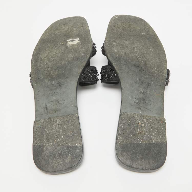 Pre Owned Hermes Black Beaded Suede Oran Flat Slides Size 38.5