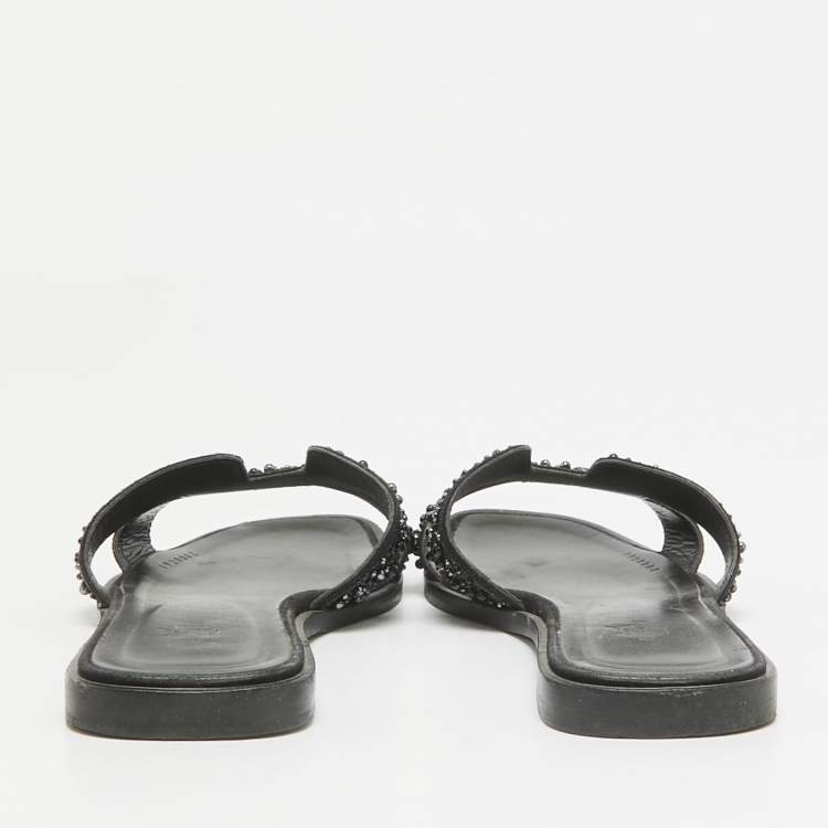 Pre Owned Hermes Black Beaded Suede Oran Flat Slides Size 38.5