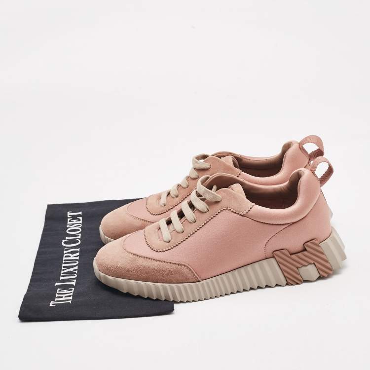 Pre Owned Hermes Rose Pink Satin and Suede Bouncing Sneakers Size 37