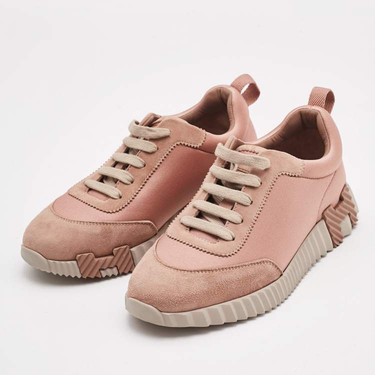 Pre Owned Hermes Rose Pink Satin and Suede Bouncing Sneakers Size 37