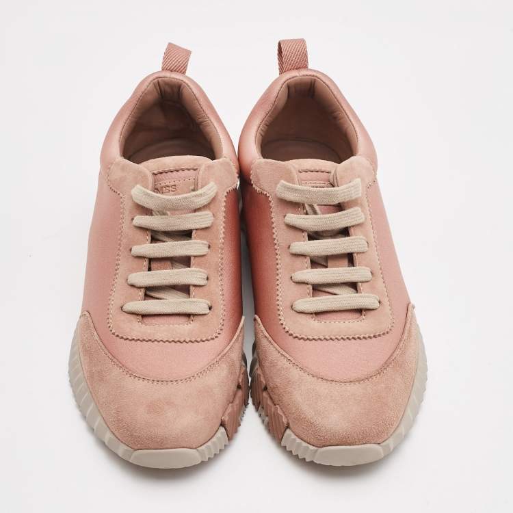Pre Owned Hermes Rose Pink Satin and Suede Bouncing Sneakers Size 37