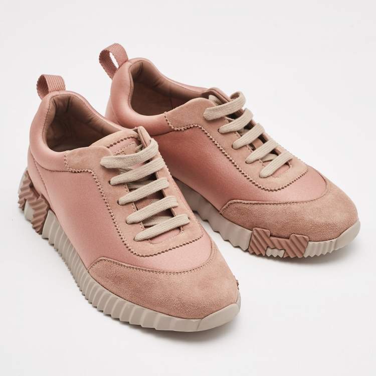 Pre Owned Hermes Rose Pink Satin and Suede Bouncing Sneakers Size 37