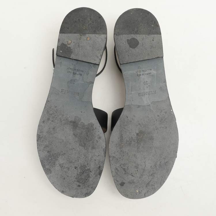 Pre Owned Hermes Black Leather Santorini Flat Sandals Size 39