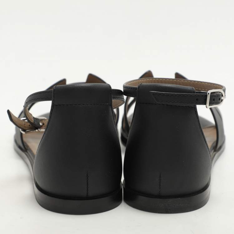 Pre Owned Hermes Black Leather Santorini Flat Sandals Size 39