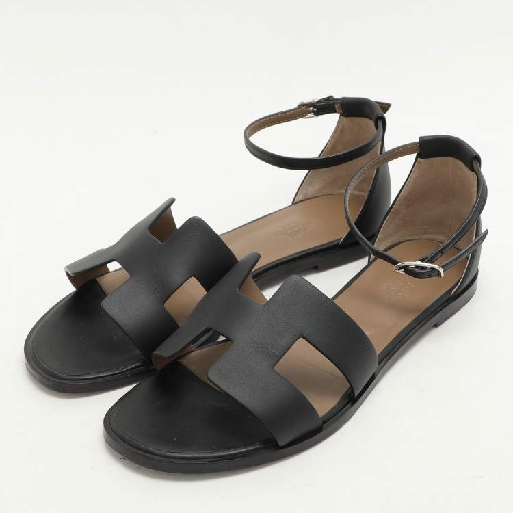 Pre Owned Hermes Black Leather Santorini Flat Sandals Size 39