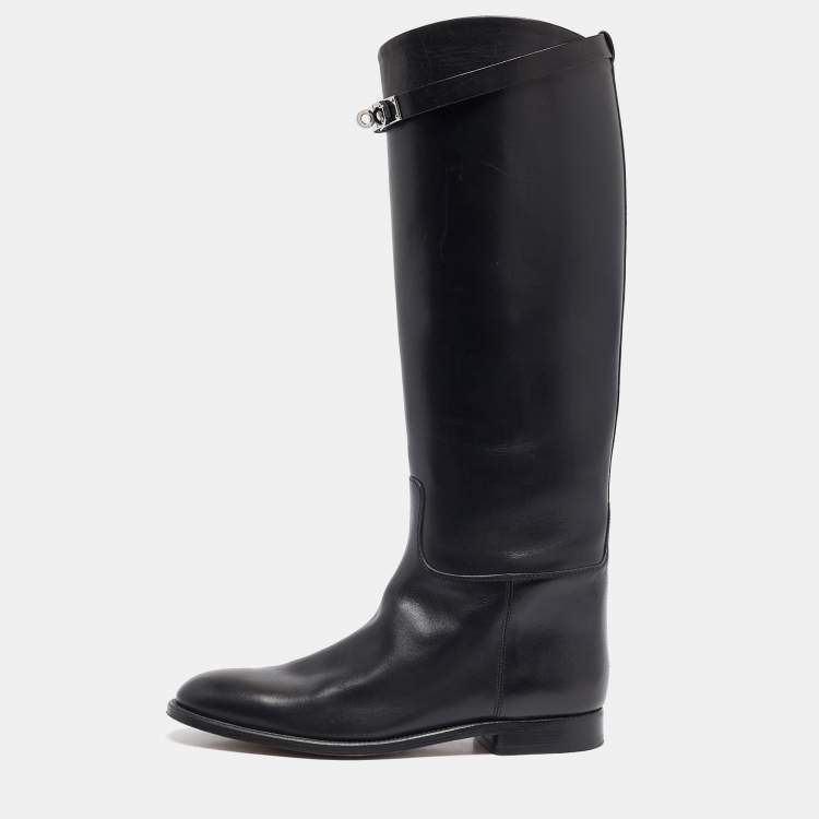 Pre Owned Hermes Black Leather Jumping Knee Length Boots Size 40.5