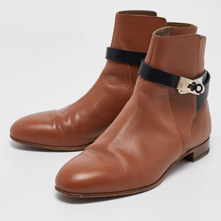 Pre Owned Hermes Brown Leather Neo Ankle Length Boots Size 38