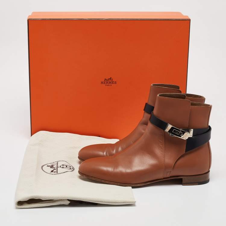 Pre Owned Hermes Brown Leather Neo Ankle Length Boots Size 38
