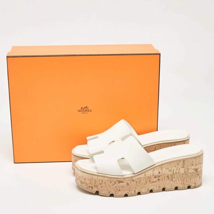 Pre Owned Hermes White Leather Eze Wedge Sandals Size 39
